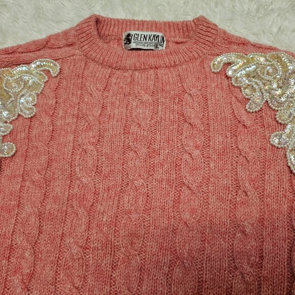 Vintage Glen Kaylin Pink 100% Pure Shetland Wool Knit Sequin Detail Sweater S - Picture 8 of 10